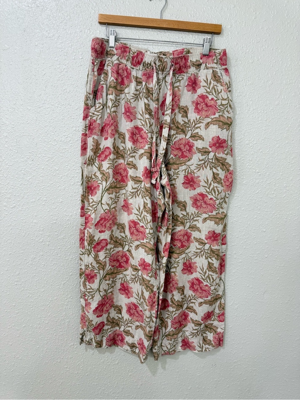 Joie Floral Linen Blend Wide Leg Crop Pants Women L Pink Cottagecore Pull On